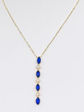18K Gold Necklace with Blue Marquise Stones and Clear Accents